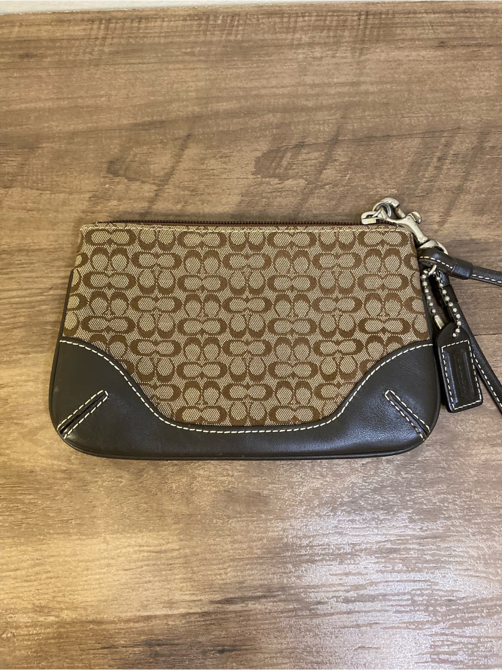 Coach Brown Logo Zippered Wristlet Purse 6.5" x 4"